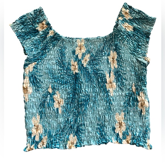 Barefoot Attitude Blue Smocked Stretch Tie-Dye Off Shoulder Top Size Large - Picture 2 of 5